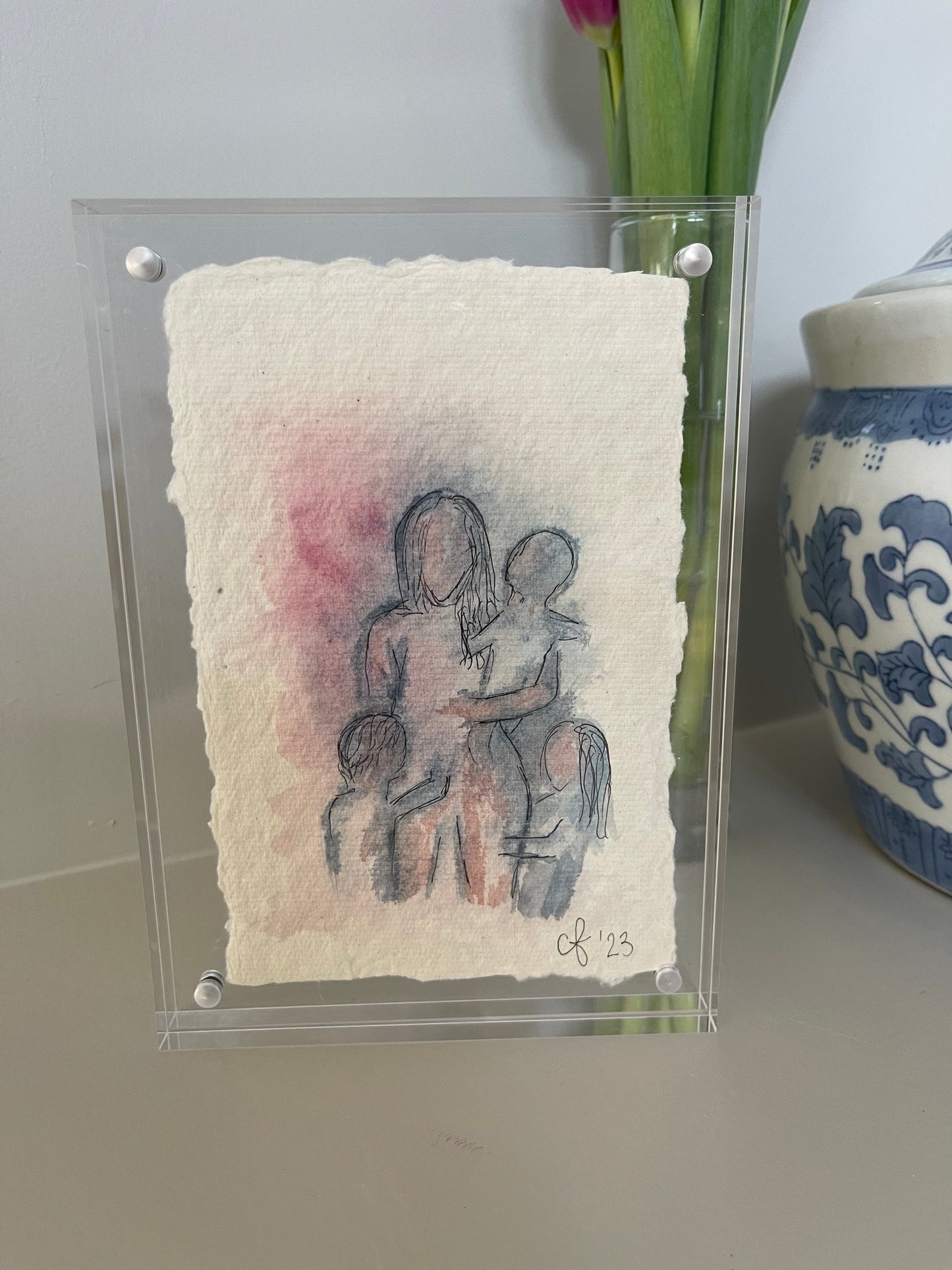 5x7 Mother with children Watercolor and Ink